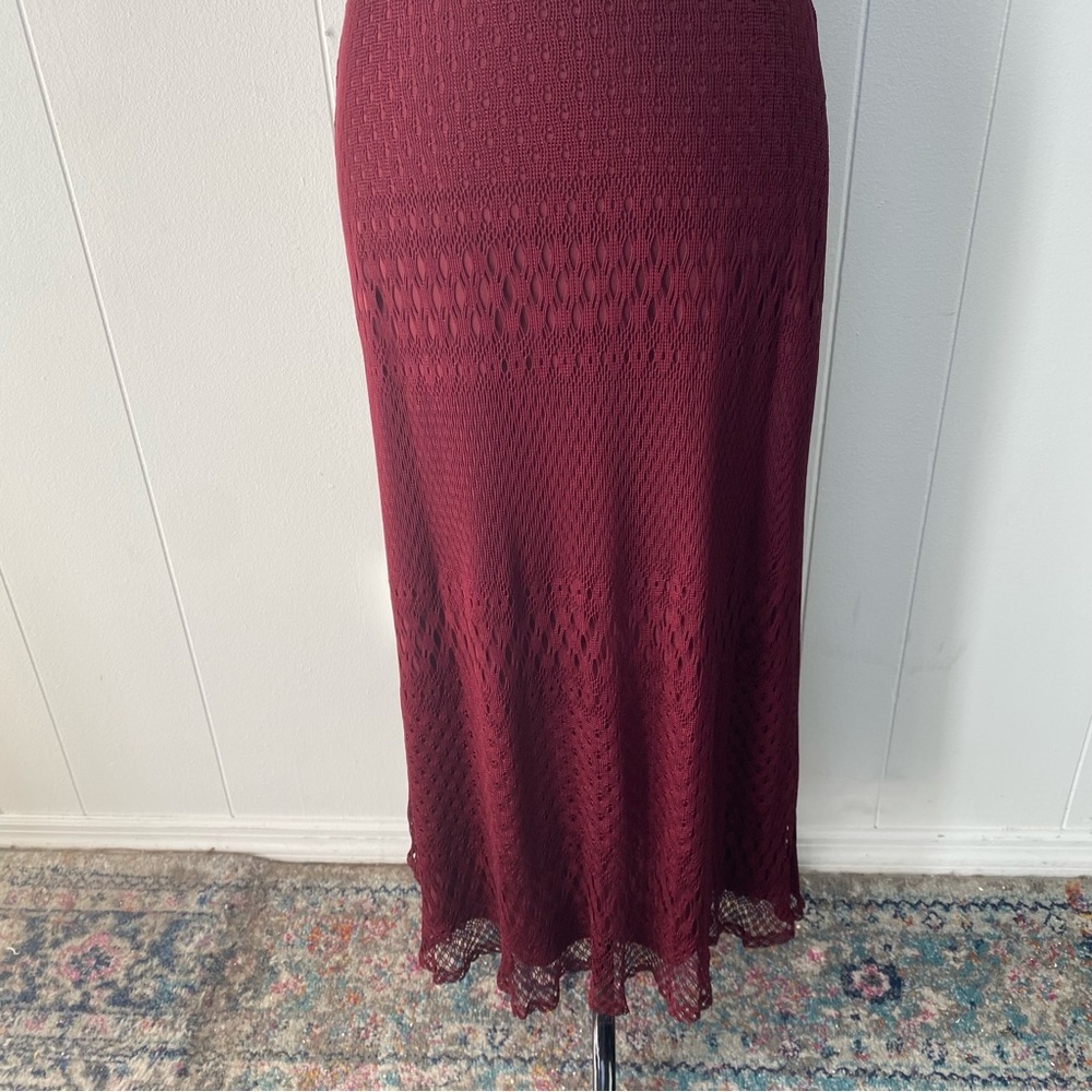 VTG Y2K Burgundy Bodycon Midi Dress Crochet Short Sleeve Daphne Frasier‎ Sz S - Picture 4 of 13
